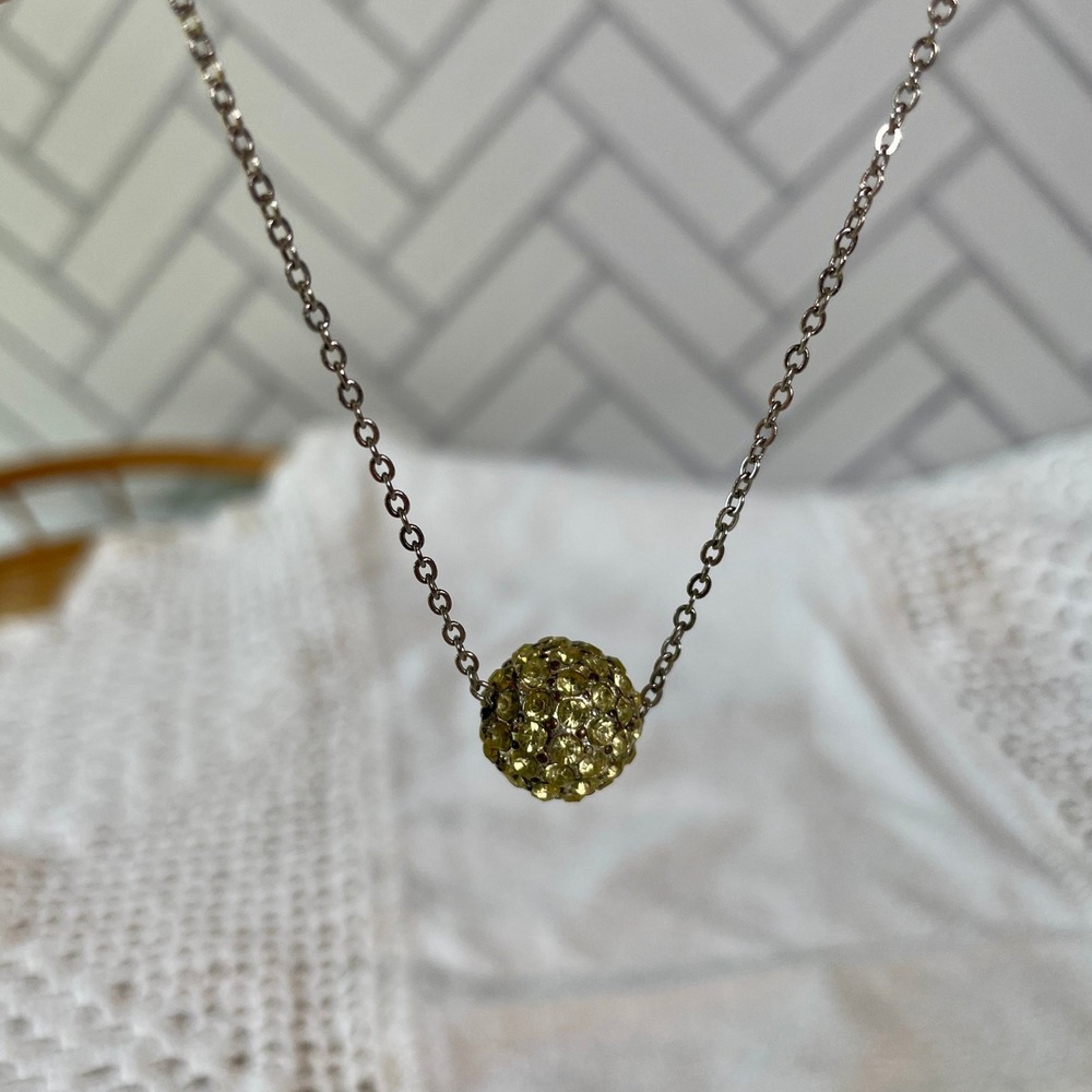 Yellow Crystal Pave Disco Ball Pendant Necklace Silver Tone Adjustable‎ Chain